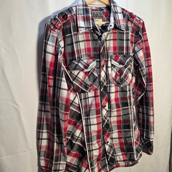 BKE Pearl Snap Shirt Men's Small Slim Fit Red Plaid Long Sleeve Western - Picture 4 of 9